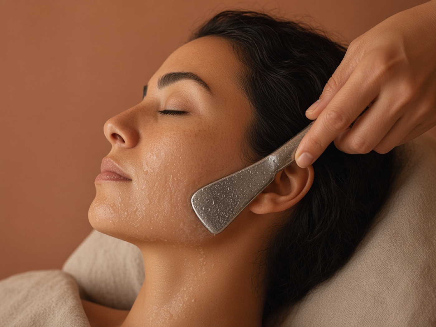 Profil du même visage, spatule et globes froids le long de la mâchoire