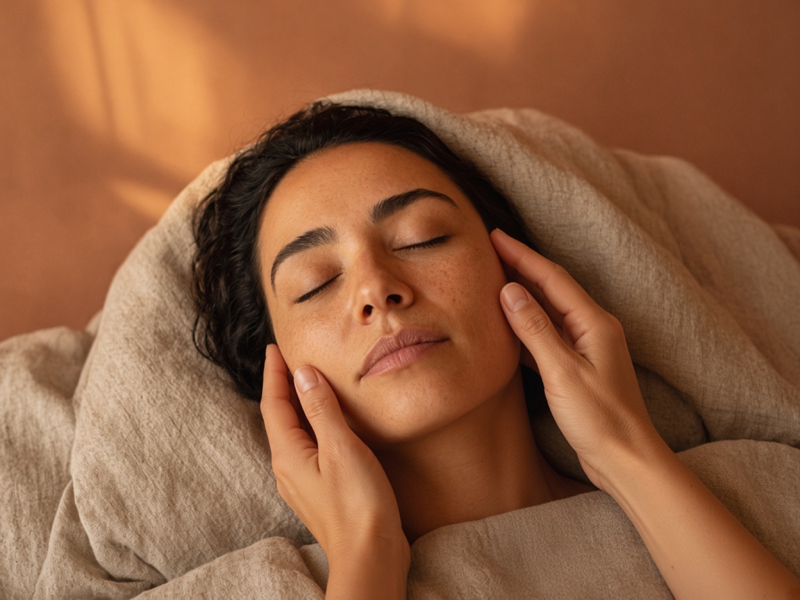Visage entier massé, mains posées doucement sur les joues